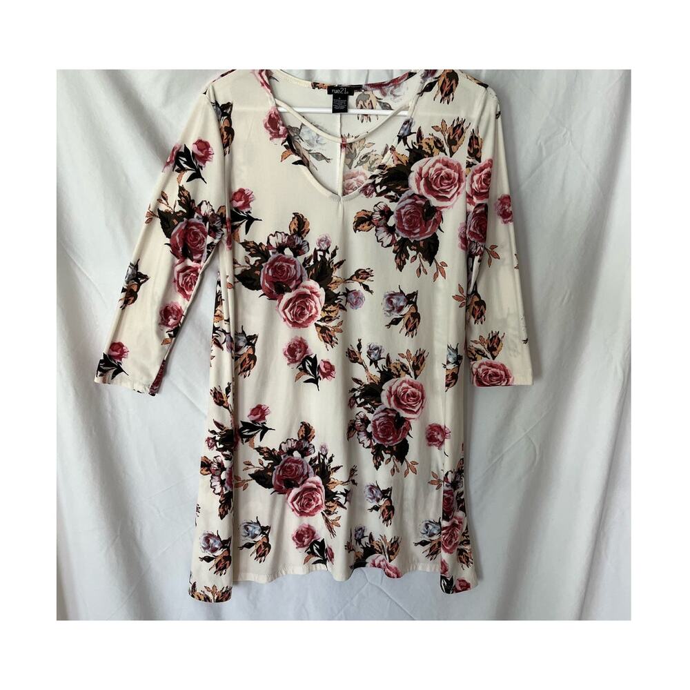 Rue 21 Cream Floral Dress Pink Roses Cut out neckline Buttery Soft Large - Picture 1 of 7